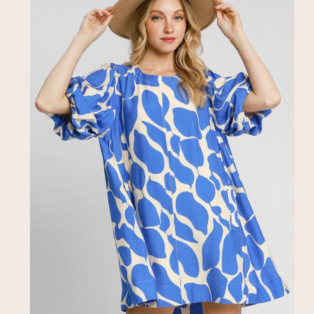 Umgee animal abstract a-line dress, blue, 1x, excellent!